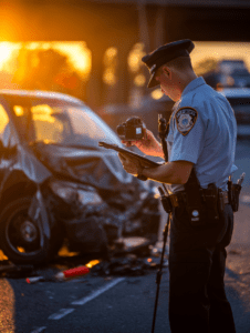Louisville car accident lawyer at crash scene with police officer inspecting damaged vehicle after collision