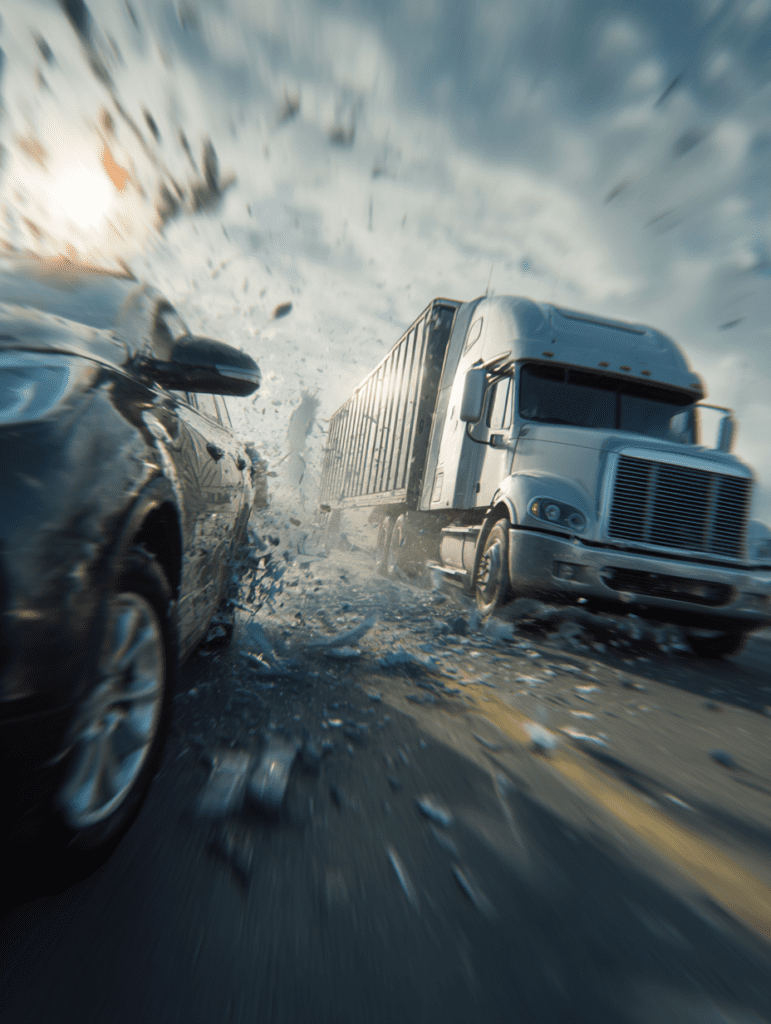Louisville Semi Truck Lawyer Accident; Severe collision between semi-truck and car with debris flying, illustrating cases handled by a Louisville truck accident lawyer