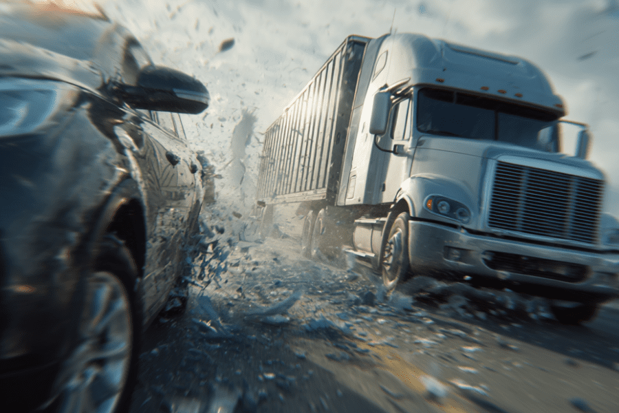 Louisville Semi Truck Lawyer Accident; Severe collision between semi-truck and car with debris flying, illustrating cases handled by a Louisville truck accident lawyer