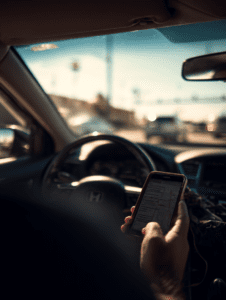 Driver using phone while driving in Louisville intersection, illustrating distracted driving accident case for Louisville car accident lawyer