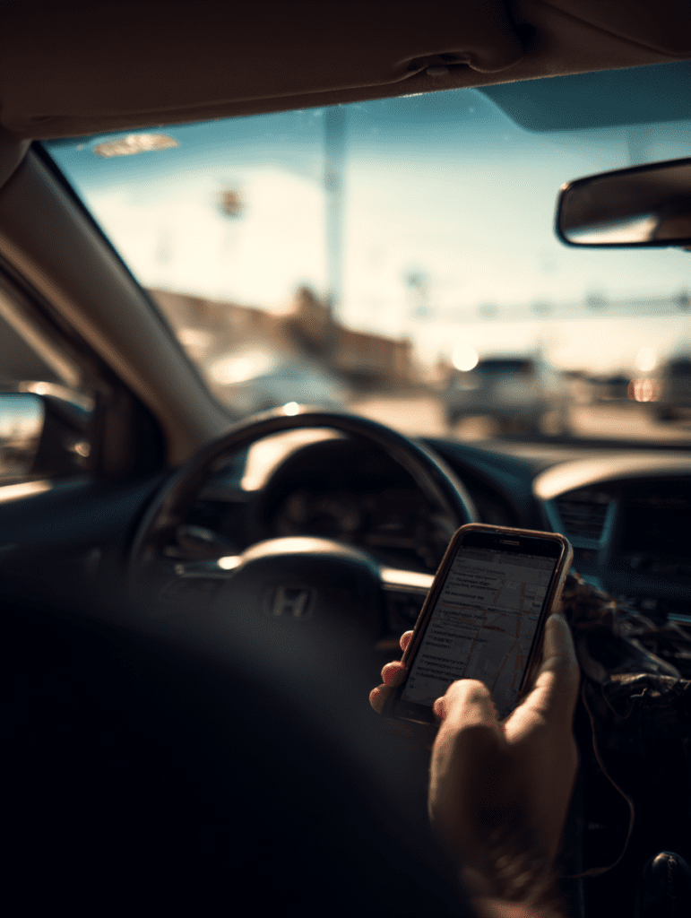 Driver using phone while driving in Louisville intersection, illustrating distracted driving accident case for Louisville car accident lawyer