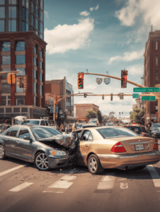 Two cars collide in downtown Louisville intersection, illustrating serious crash handled by a Louisville car accident lawyer