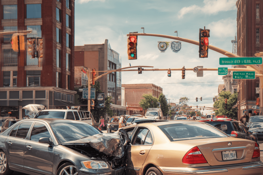 Two cars collide in downtown Louisville intersection, illustrating serious crash handled by a Louisville car accident lawyer