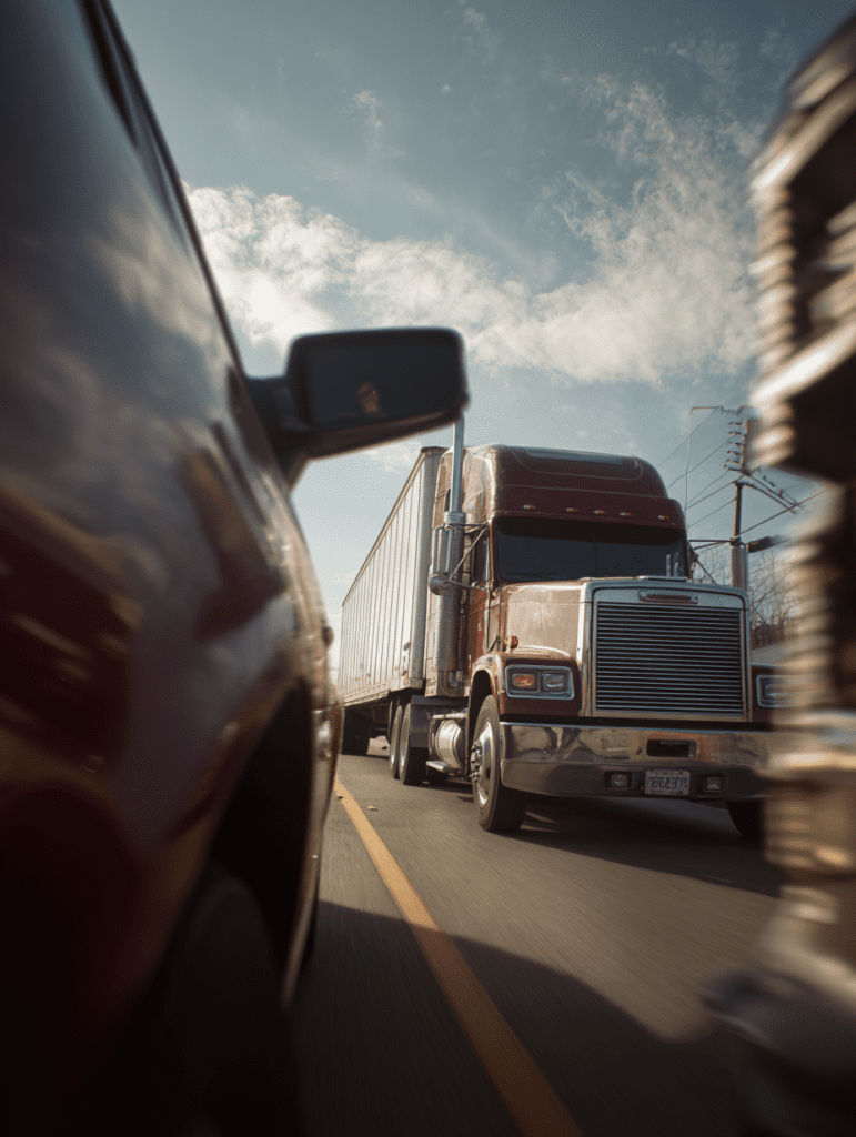 Semi-truck approaching passenger vehicle on Louisville roadway, illustrating blind spot accident cases for a Louisville truck accident lawyer