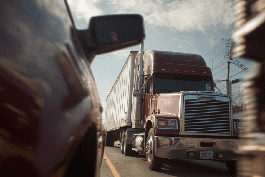 Semi-truck approaching passenger vehicle on Louisville roadway, illustrating blind spot accident cases for a Louisville truck accident lawyer