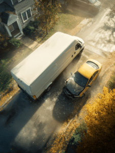 Truck collides with car on residential Louisville street, illustrating cases handled by a Louisville truck accident lawyer