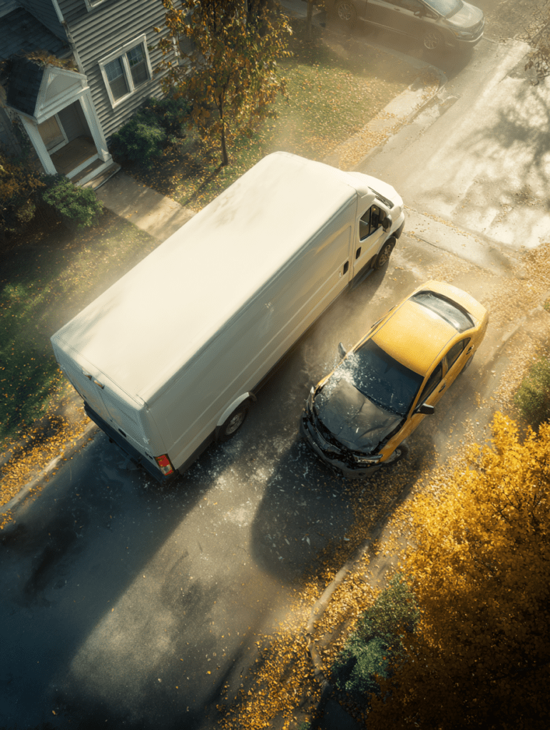 Truck collides with car on residential Louisville street, illustrating cases handled by a Louisville truck accident lawyer