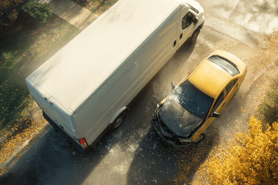 Truck collides with car on residential Louisville street, illustrating cases handled by a Louisville truck accident lawyer