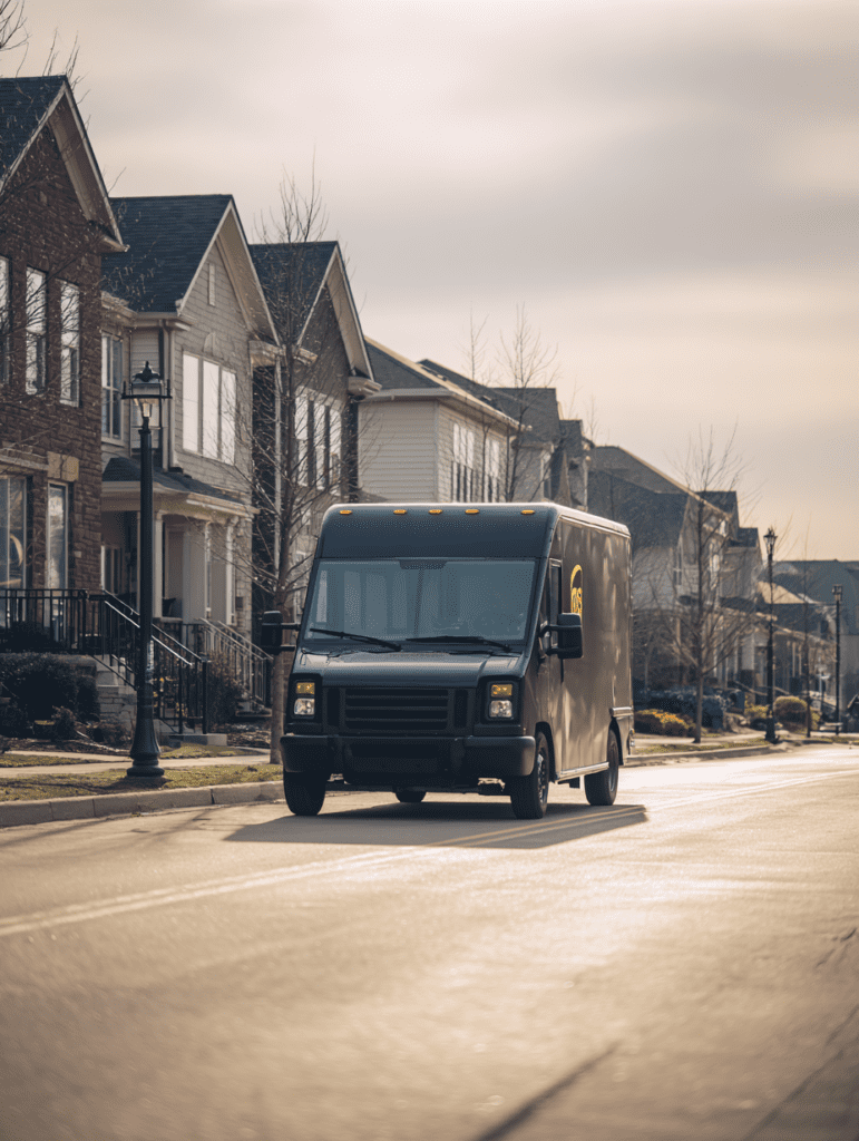 Delivery van driving through Louisville residential neighborhood, illustrating cases handled by a Louisville truck accident lawyer