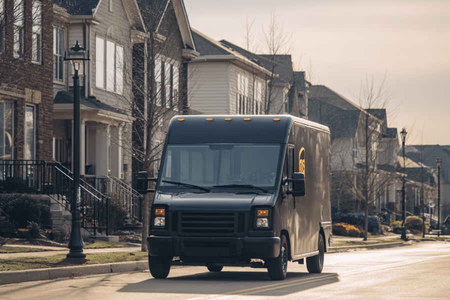 Delivery van driving through Louisville residential neighborhood, illustrating cases handled by a Louisville truck accident lawyer