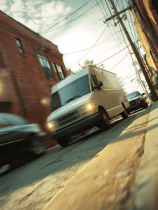 Delivery truck driving through narrow Louisville street, illustrating cases handled by a Louisville truck accident lawyer