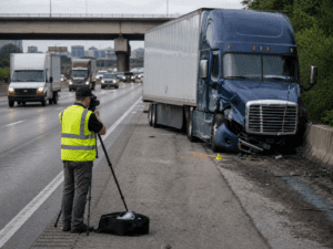 Commercial truck crash investigator documenting evidence after a Louisville semi-truck collision