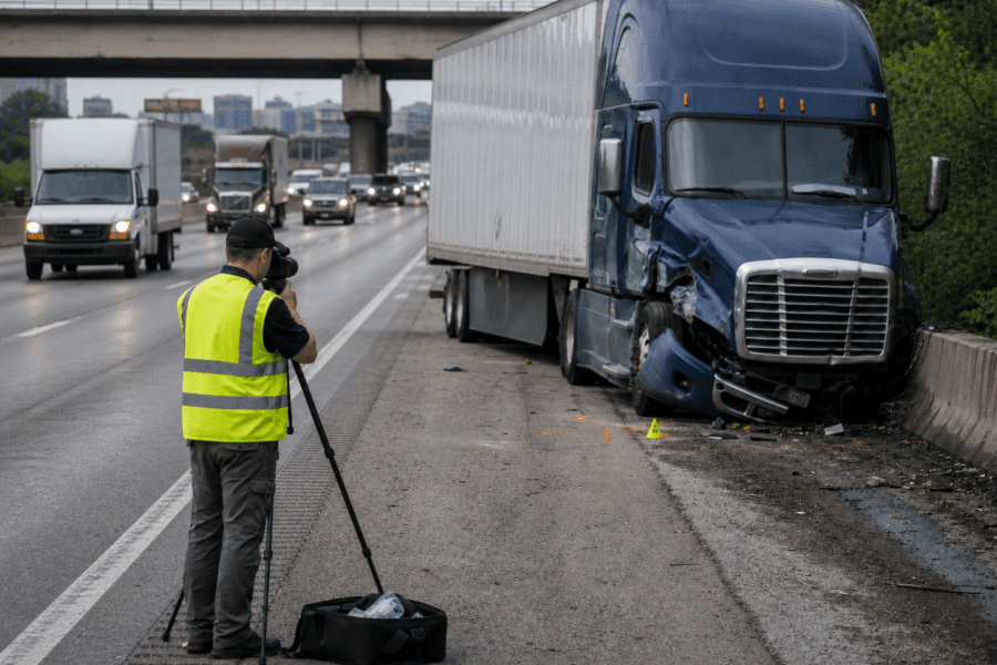 Commercial truck crash investigator documenting evidence after a Louisville semi-truck collision