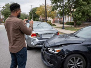 Louisville car accident victim documenting crash scene and vehicle damage after a Kentucky collision