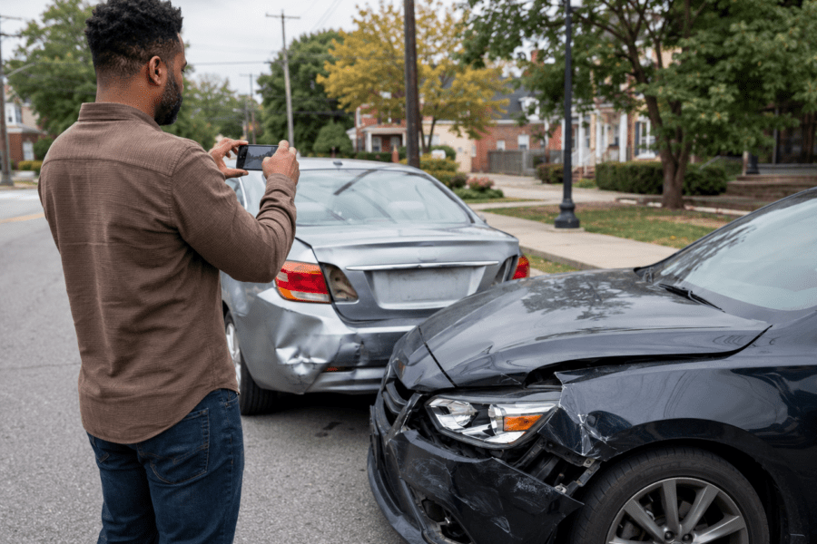 Louisville car accident victim documenting crash scene and vehicle damage after a Kentucky collision