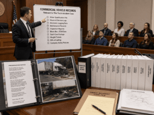 Truck accident case file with preservation notes, crash photos, and commercial vehicle records on a desk in a court room with lawyer pointing to a white board in front of a jury 
