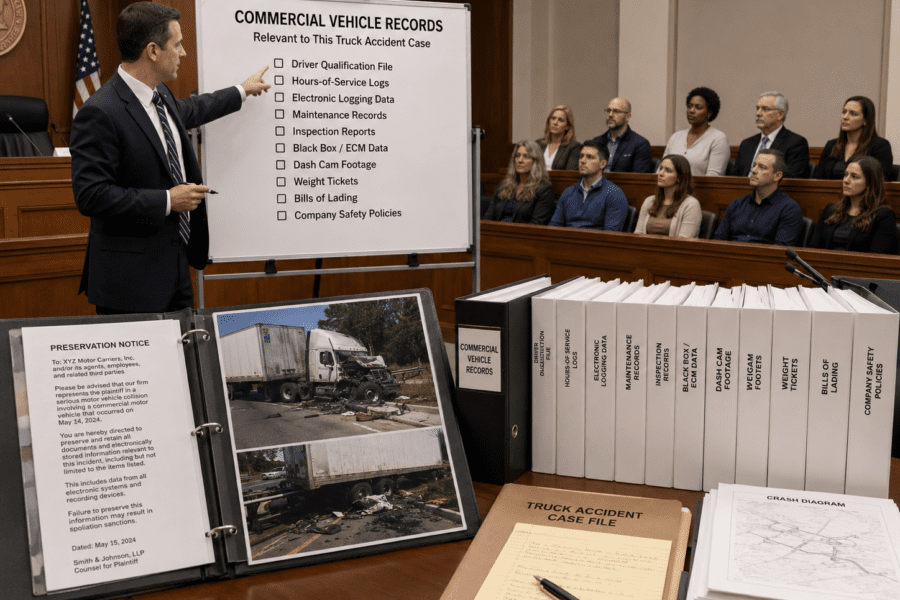 Truck accident case file with preservation notes, crash photos, and commercial vehicle records on a desk in a court room with lawyer pointing to a white board in front of a jury