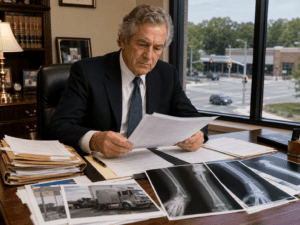 louisville semi truck accident lawyer reviewing commercial truck crash documents and x-rays of a compound fracture broken arm