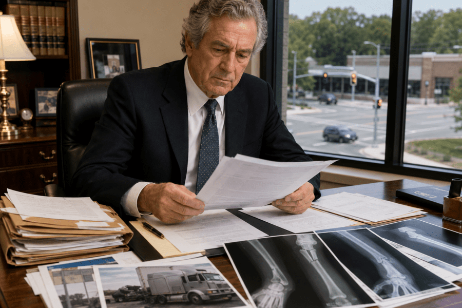 louisville truck accident lawyer reviewing commercial truck crash documents and x-rays of a compound fracture broken arm