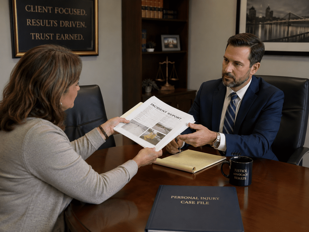 client handing Slip and fall case materials including incident report, property photos, and medical records to her lawyer at a conference room table