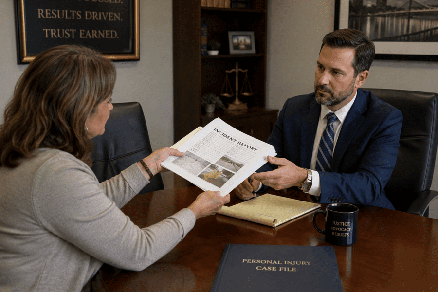 client handing Slip and fall case materials including incident report, property photos, and medical records to her lawyer at a conference room table