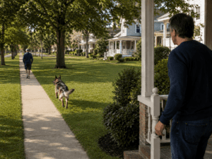 property owner standing on front porch while a dog is running away toward pedestrian
