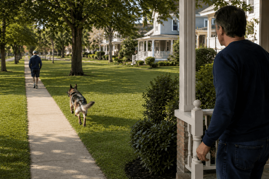 property owner standing on front porch while a dog is running away toward pedestrian