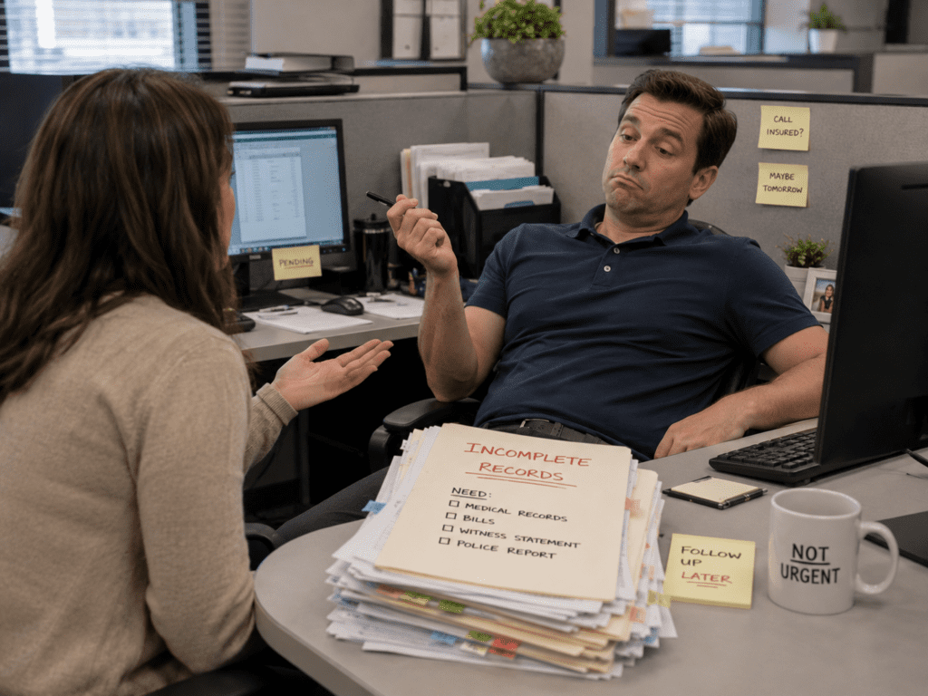 insurance adjuster delaying and ignoring an injury claim file with incomplete records and bills on a cubicle desk