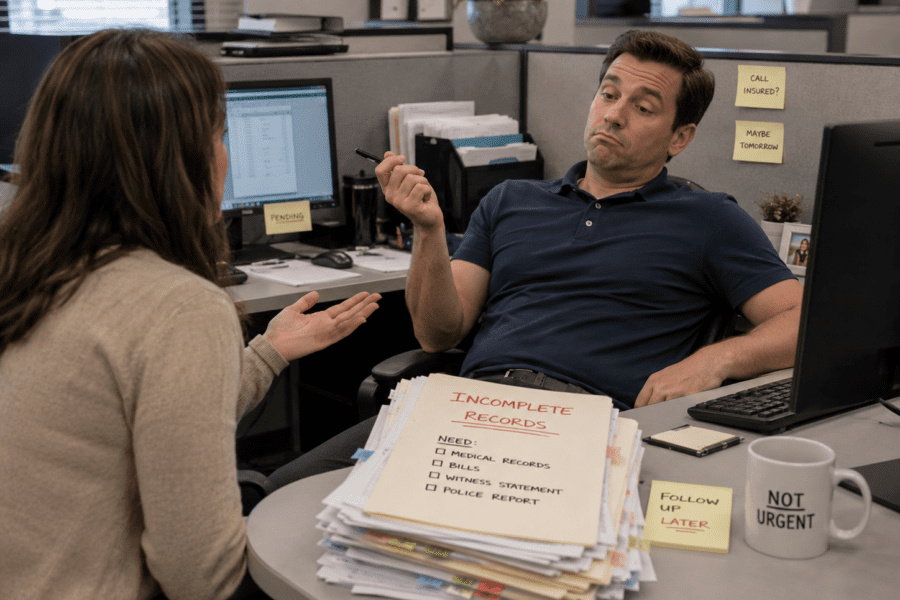 insurance adjuster delaying and ignoring an injury claim file with incomplete records and bills on a cubicle desk