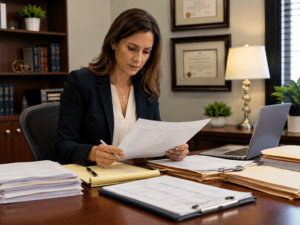 female Lawyer organizing medical bills, records, and settlement documents for a Kentucky injury claim