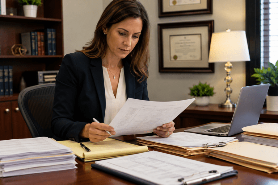 Lawyer organizing medical bills, records, and settlement documents for a Kentucky injury claim