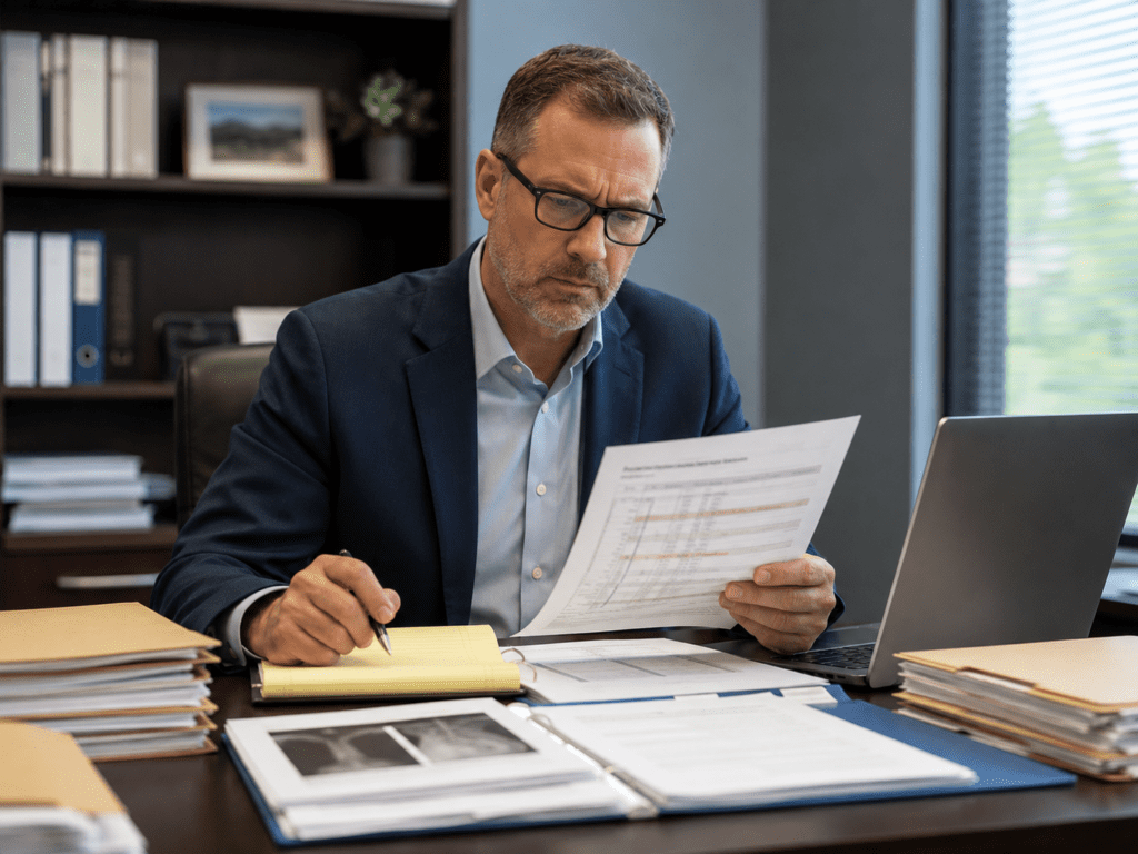 Louisville personal injury lawyer; Professional insurance company adjuster closely reviewing treatment timeline and medical records for a Kentucky injury claim