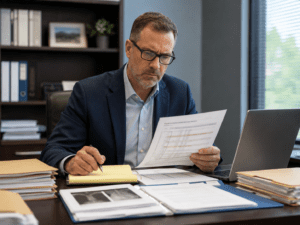 Louisville personal injury lawyer; Professional insurance company adjuster closely reviewing treatment timeline and medical records for a Kentucky injury claim