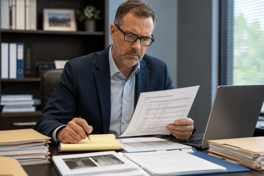 Louisville personal injury lawyer; Professional insurance company adjuster closely reviewing treatment timeline and medical records for a Kentucky injury claim