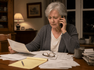 an unhappy elderly female Injured claimant on mobile phone with insurance adjuster while reviewing disorganized accident paperwork at the dining room table at home at night