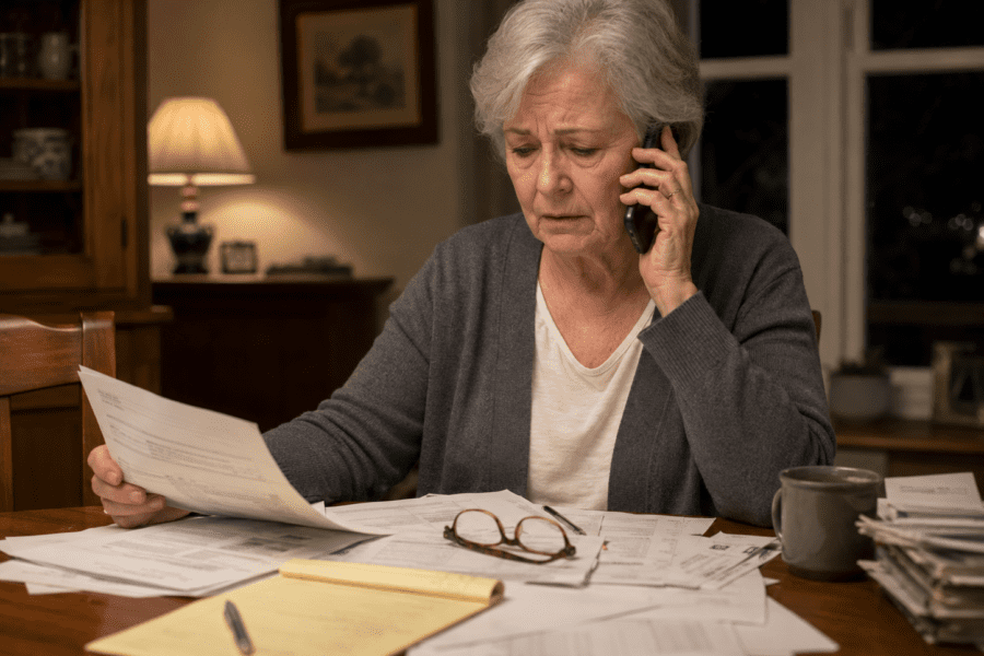 an unhappy elderly female Injured claimant on mobile phone with insurance adjuster while reviewing disorganized accident paperwork at the dining room table at home at night