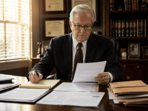 Lawyer reviewing employer wage-loss paperwork and injury claim documents 