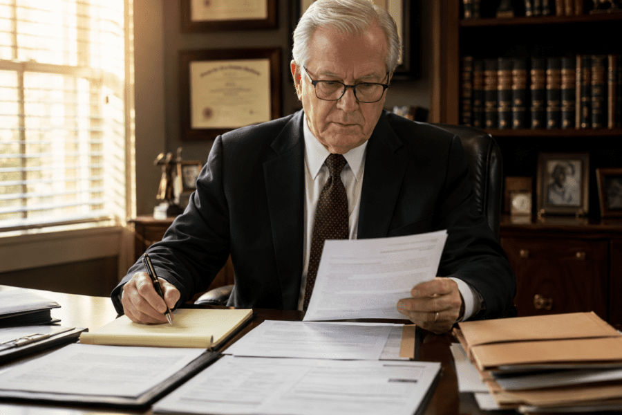 Lawyer reviewing employer wage-loss paperwork and injury claim documents