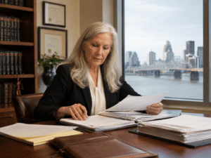 Lawyer reviewing case notes and medical records to evaluate pain and suffering damages in her office 