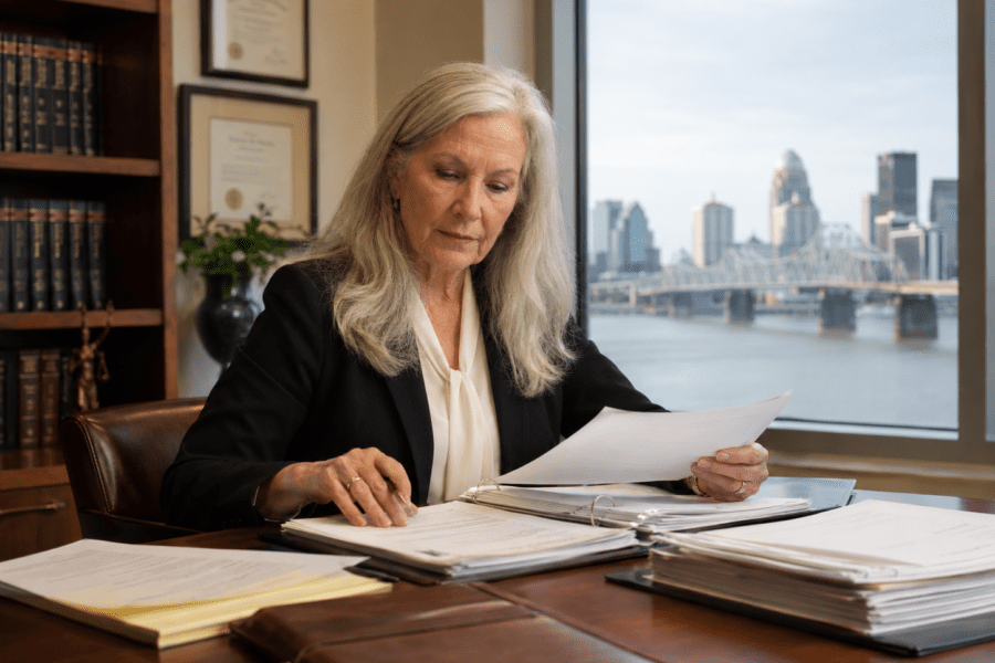 Lawyer reviewing case notes and medical records to evaluate pain and suffering damages in her office