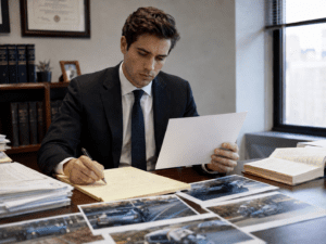  Attorney reviewing car crash photos and liability notes for a Louisville comparative fault case