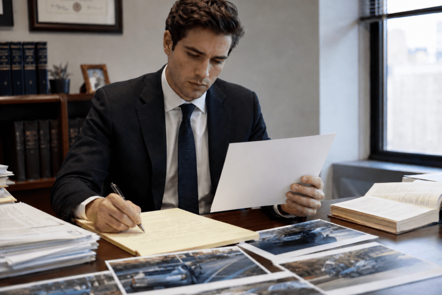 Attorney reviewing car crash photos and liability notes for a Louisville comparative fault case