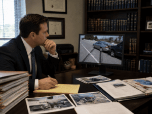Rear-end collision damage showing long skid marks made by the trailing vehicle and claim file materials on a lawyer’s desk of the rear-end collision