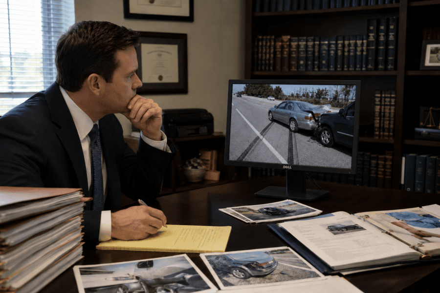 Rear-end collision damage showing long skid marks made by the trailing vehicle and claim file materials on a lawyer’s desk of the rear-end collision
