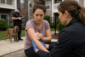 Dog bite injury victim receiving help in a Louisville KY apartment complex courtyard