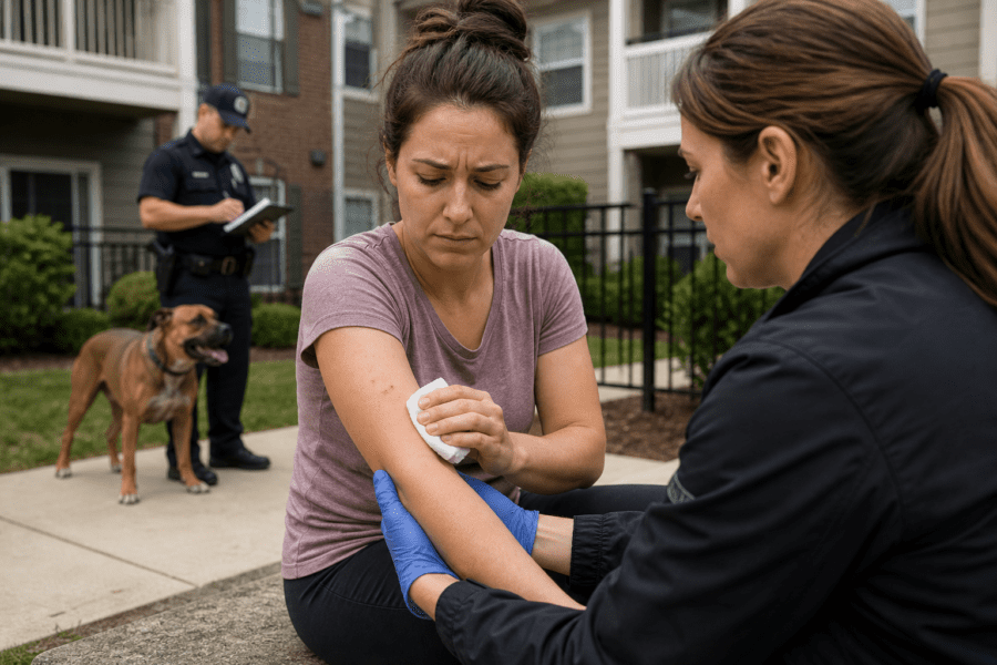 Dog bite injury victim receiving help in a Louisville KY apartment complex courtyard