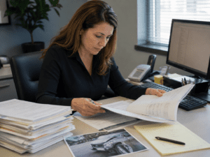Insurance adjuster reviewing a Kentucky injury claim file after a Louisville accident