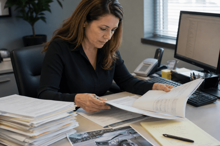 Insurance adjuster reviewing a Kentucky injury claim file after a Louisville accident
