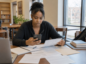 Car accident lawyer; Louisville car accident claimant reviewing crash photos and paperwork after a Kentucky collision