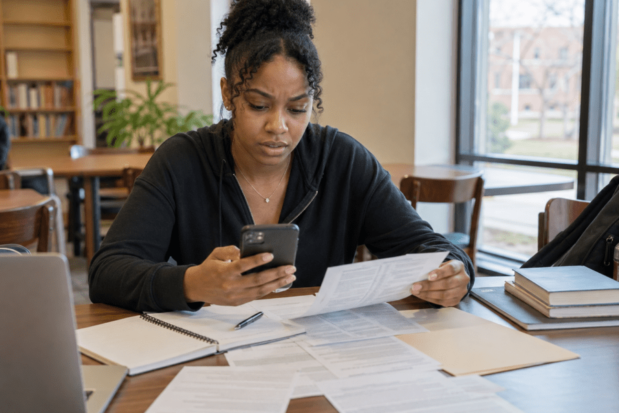 Car accident lawyer; Louisville car accident claimant reviewing crash photos and paperwork after a Kentucky collision